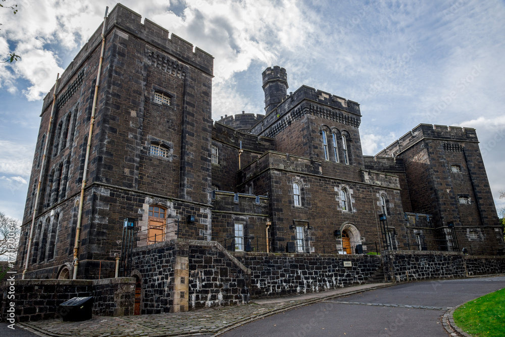 Front view of scenic Stirling Old Town Jail building medieval style