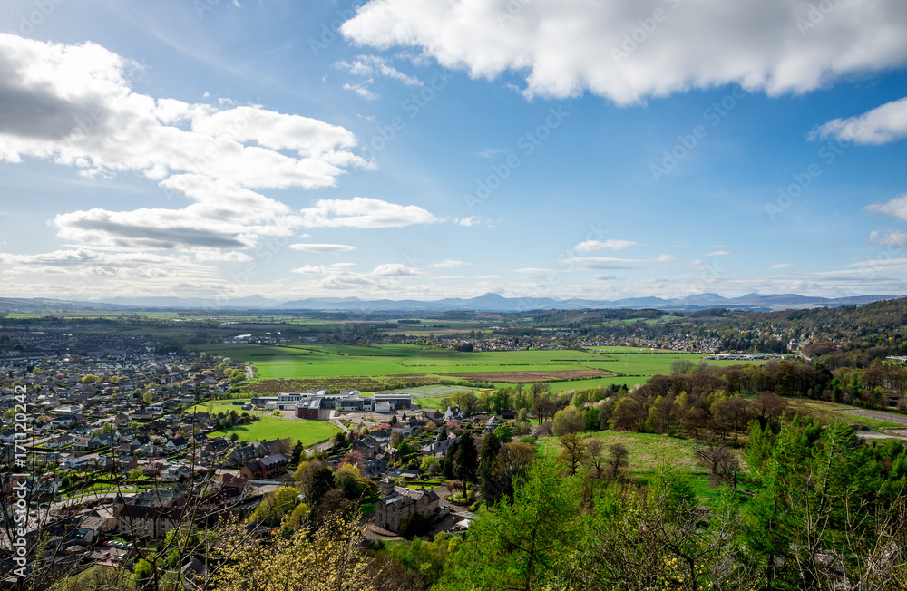A scenic view of Stirling city suburbs and countryside from the Wallace Monument