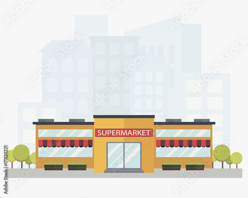 
Modern supermarket building with city skyline on background in flat style. Colored isolated vector illustration.