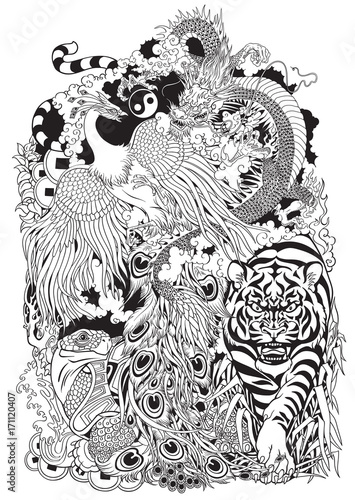 four celestial animals in feng shui. Dragon,phoenix, turtle and tiger. The mythological creatures in the Chinese constellations.Black and white tattoo illustration