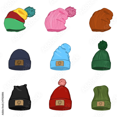Vector Set of Cartoon Winter Caps and Hats.
