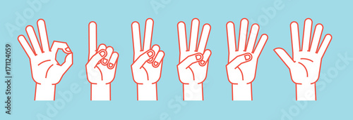 Count on fingers. Gesture. Stylized hands showing different numbers. Icons. Vector.