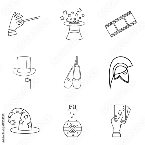 Magic performances icons set, outline style