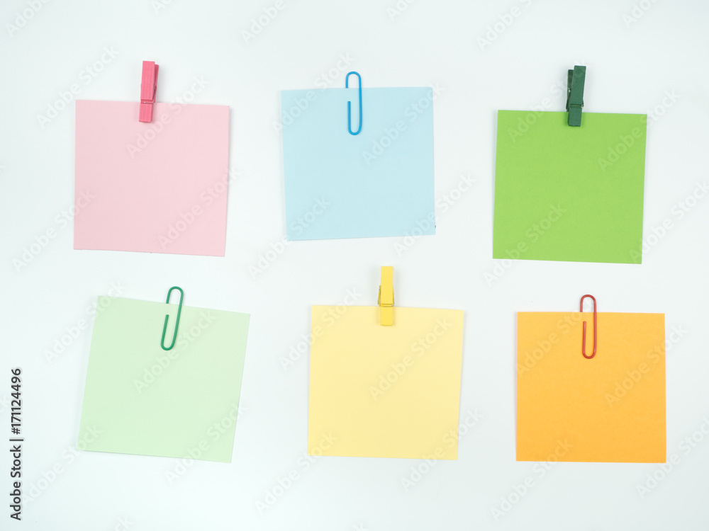 Note all colorful paper set with paperclip, collection on white background