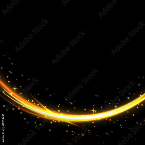 Fire arc on black background. Fire curve glowing trace. Vector fire gold arc.