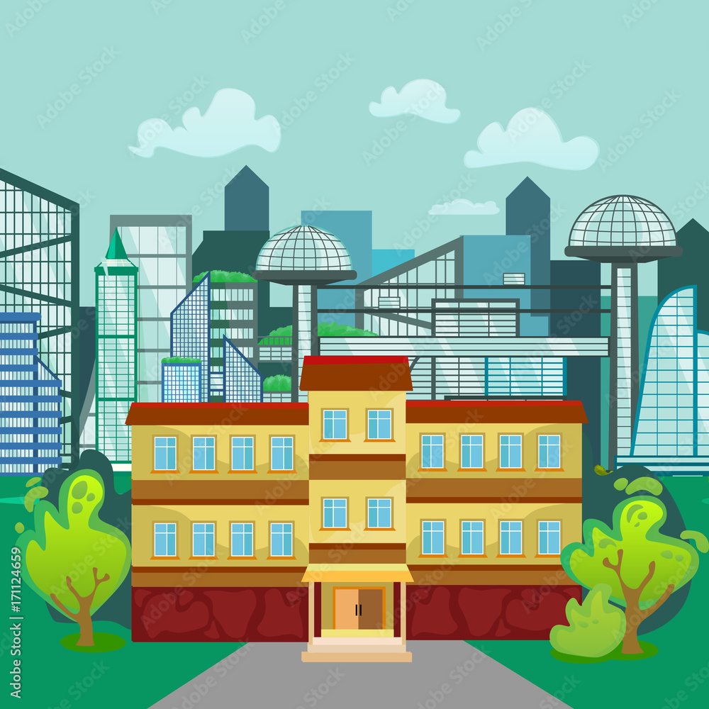 modern school buildings exterior, student city concept, elementary school facade urban street background, icon vector illustration