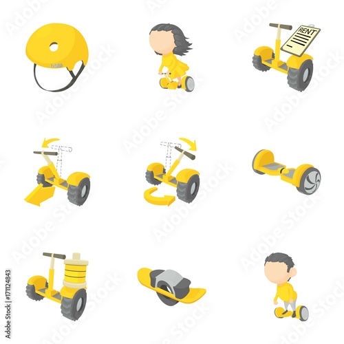 Electric scooter rent icons set, cartoon style