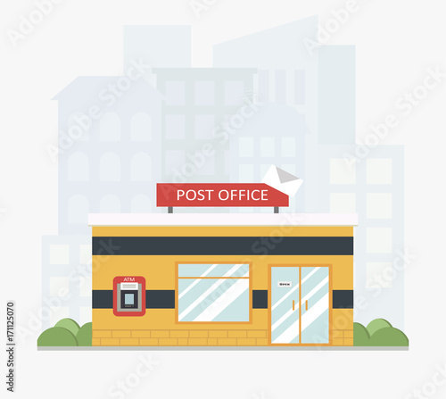 Yellow post office service building with a city scape in the background in flat style. ATM. Colored vector illustration.