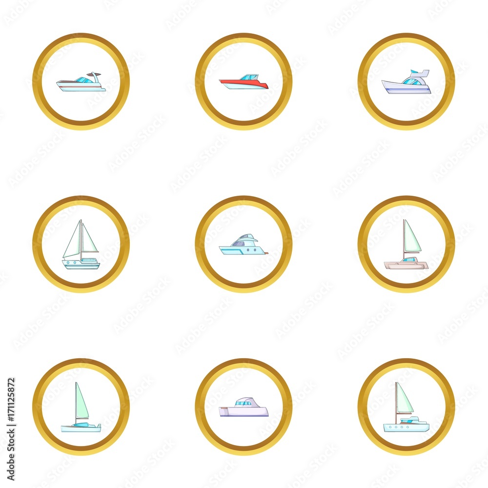 Pleasure boat icons set, cartoon style Pleasure boat icons set, cartoon style