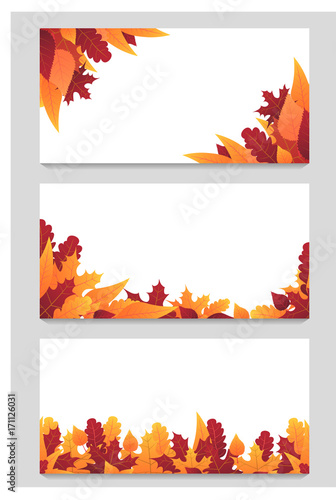 Set of Autumn Background with leaves for shopping sale or promo poster and frame leaflet or web banner. Vector illustration template.