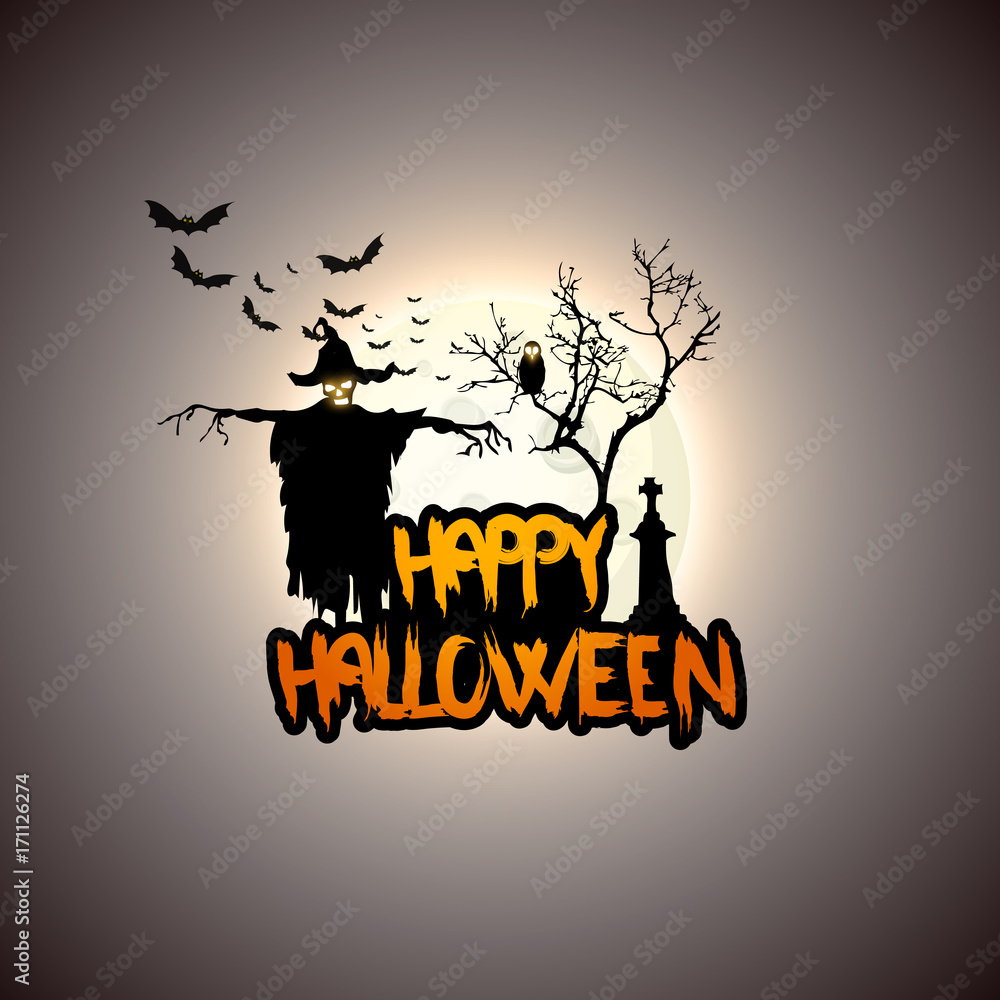 Creepy Halloween Background with Full Moon and Scary Mysterious Creatures. Vector Illustration