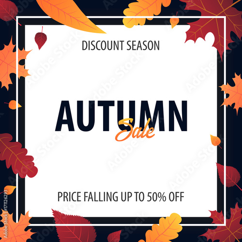 Autumn Background with leaves for shopping sale or promo poster and frame leaflet or web banner. Vector illustration template.