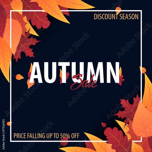 Autumn Background with leaves for shopping sale or promo poster and frame leaflet or web banner. Vector illustration template.