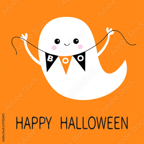 Flying ghost spirit holding bunting flag Boo. Happy Halloween. Scary white ghosts. Cute cartoon spooky character. Smiling face, hands. Orange background. Greeting card. Flat design.