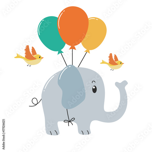 Cute elephant flying with balloons and birds