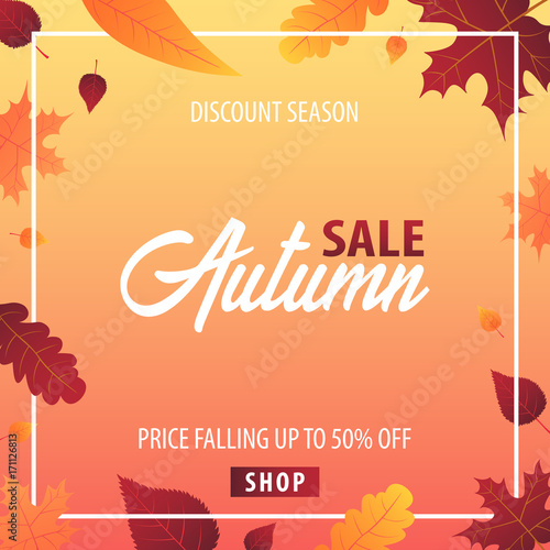 Autumn Background with leaves for shopping sale or promo poster and frame leaflet or web banner. Vector illustration template.