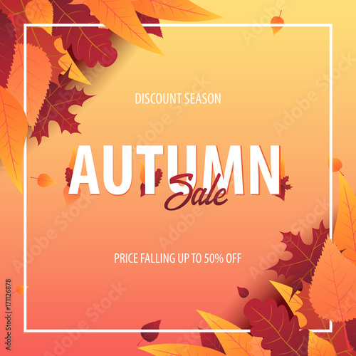 Autumn Background with leaves for shopping sale or promo poster and frame leaflet or web banner. Vector illustration template.
