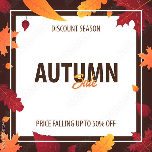 Autumn Background with leaves for shopping sale or promo poster and frame leaflet or web banner. Vector illustration template.