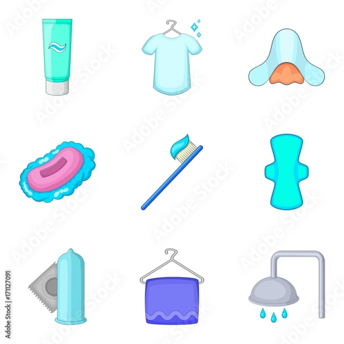 Morning wash cleaning icon set, cartoon style