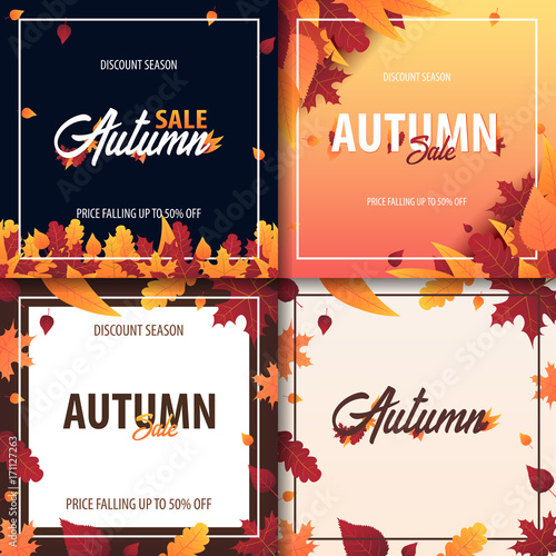 Set of Autumn Background with leaves for shopping sale or promo poster and frame leaflet or web banner. Vector illustration template.