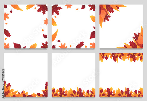 Set of Autumn Background with leaves for shopping sale or promo poster and frame leaflet or web banner. Vector illustration template.