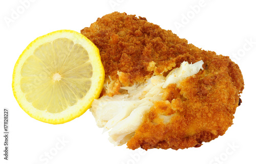 Breadcrumb covered cod fish fillet isolated on a white background