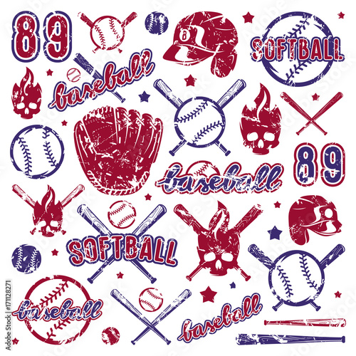 Icon and badge set of baseball and softball equipment