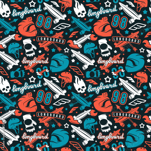 Seamless pattern with image of longboarding equipment