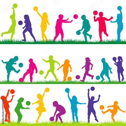 Set of children playing with balls