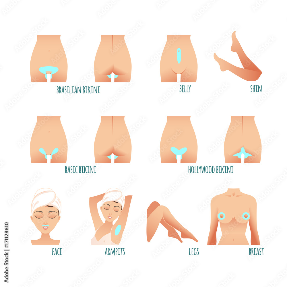 Vecteur Stock Area hair removal icons set, marked epilation zones | Adobe  Stock