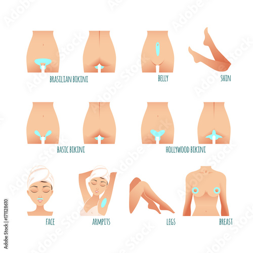 Area hair removal icons set, marked epilation zones