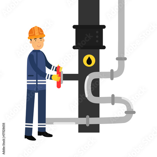 Oilman character working on an oil pipeline, oil industry production vector Illustration