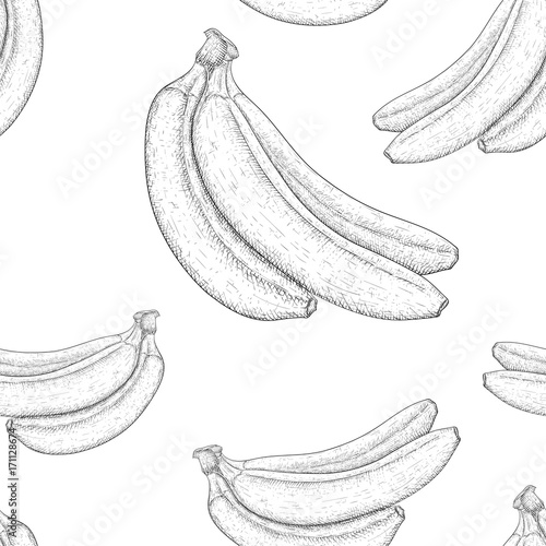 Bananas. Hand drawn black and white sketch as seamless pattern