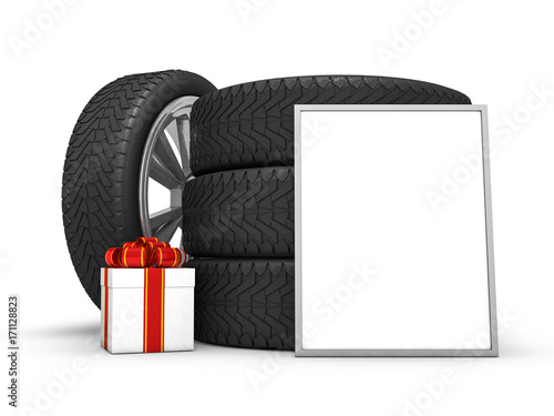 Car wheels with white gift box and poster, white background. 3D rendering photo