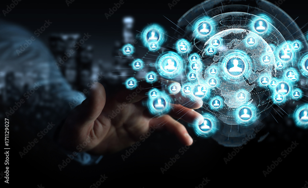 Businessman using social network interface 3D rendering Businessman using social network interface 3D rendering
