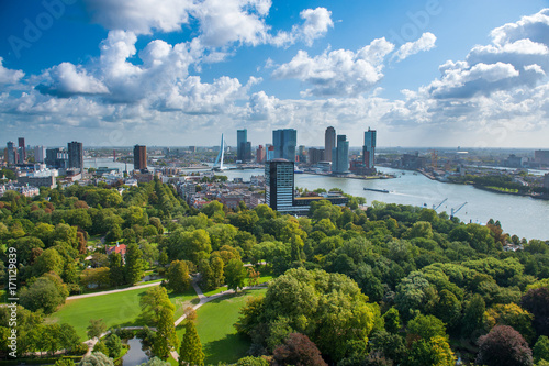 Rotterdam skyline with Erasmus bridge. Aerial view of Rotterdam  The Netherlands  Holland. A major logistic and economic centre  Rotterdam is Europe s largest port and has a population of 633 471.