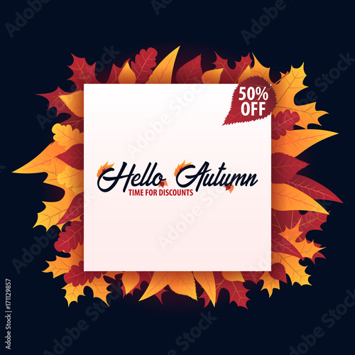 Autumn Background with leaves for shopping sale or promo poster and frame leaflet or web banner. Vector illustration template.