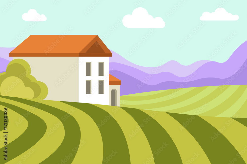 Neat small house among wide green fields and high mountains Neat small house among wide green fields and high mountains