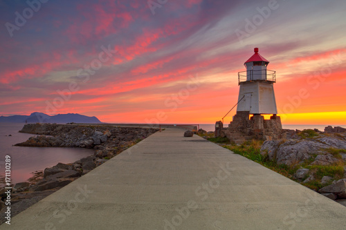 Old lighthouse in Laukvik at sunset,Norway