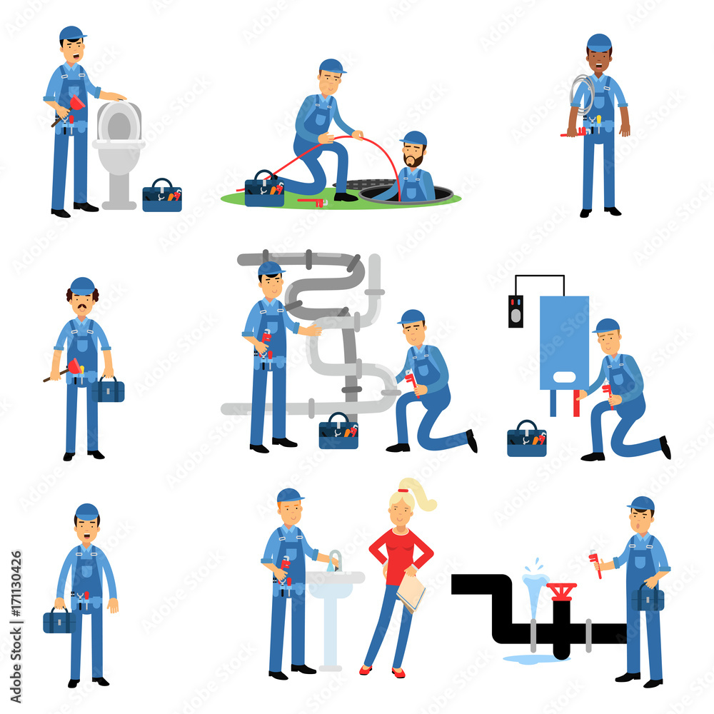 Professional plumber at work set, plumbing service vector Illustrations