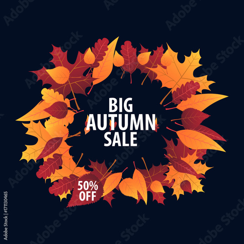 Autumn Background with leaves for shopping sale or promo poster and frame leaflet or web banner. Vector illustration template.