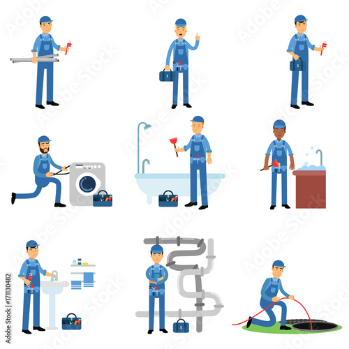 Professional plumber in blue uniform at work set, plumbing service vector Illustrations