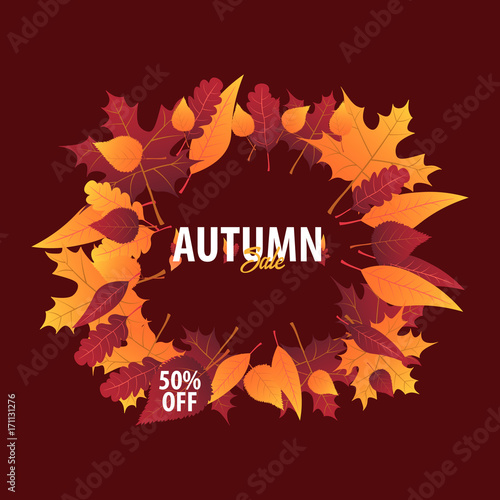 Autumn Background with leaves for shopping sale or promo poster and frame leaflet or web banner. Vector illustration template.