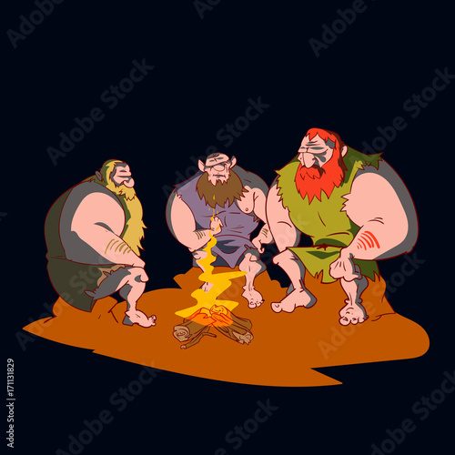 Colorful vector illustration of three cavemen sitting around a campfire at night.