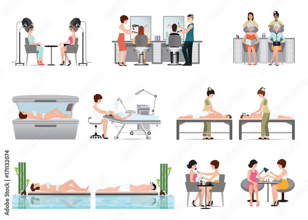 People in spa beauty salon and various beauty procedures isolated on white.