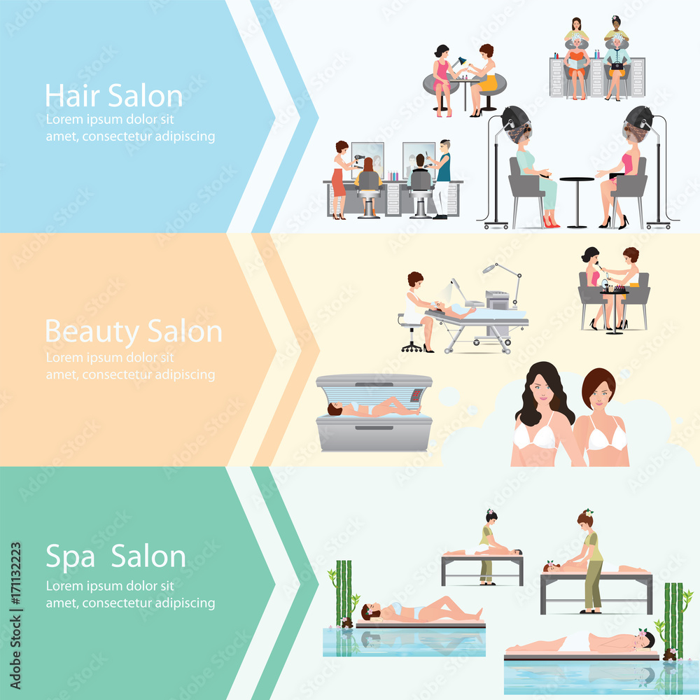 Three horizontal banners with customers in spa beauty salon.