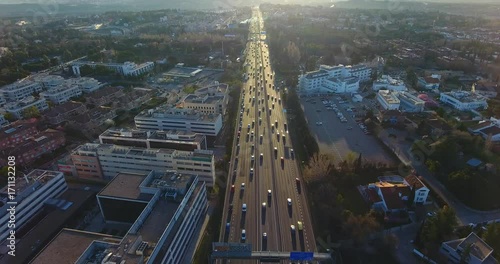 Aerial footage of Madrid city highway. Spain. Espana
