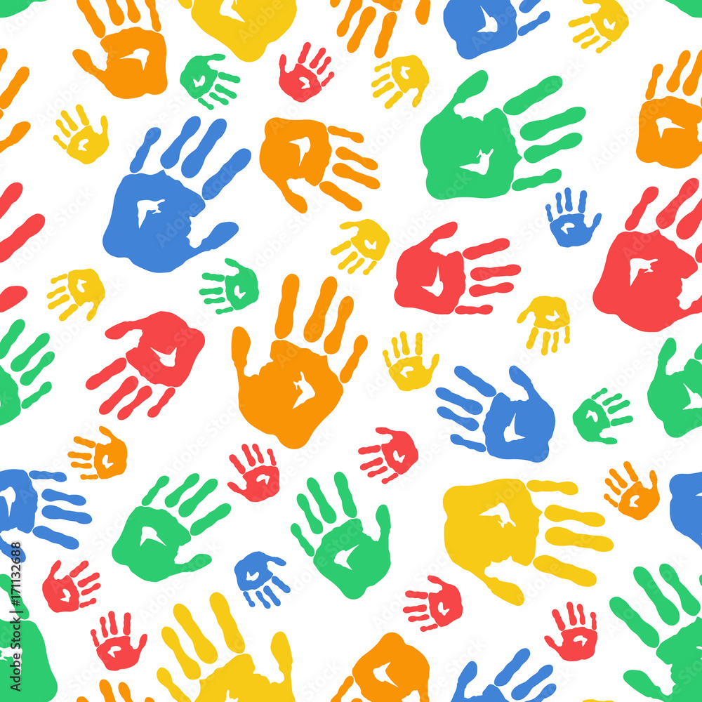 Seamless pattern from colorful prints of hands