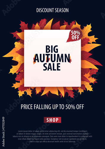 Autumn Background with leaves for shopping sale or promo poster and frame leaflet or web banner. Vector illustration template.