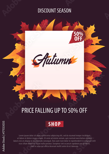 Autumn Background with leaves for shopping sale or promo poster and frame leaflet or web banner. Vector illustration template.